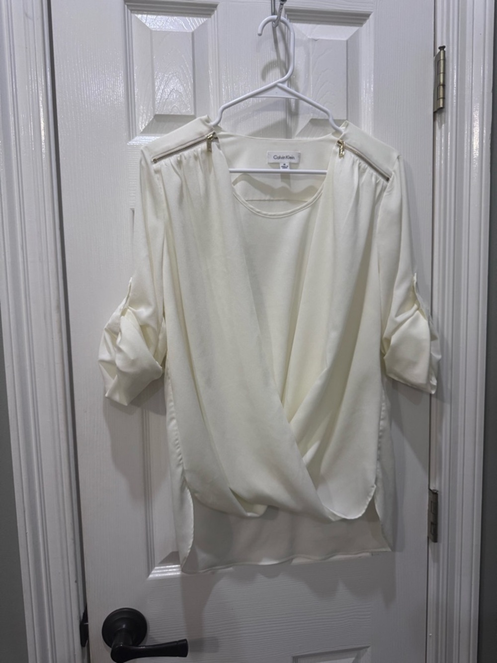 Calvin Klein Ivory Draped Surplice Blouse